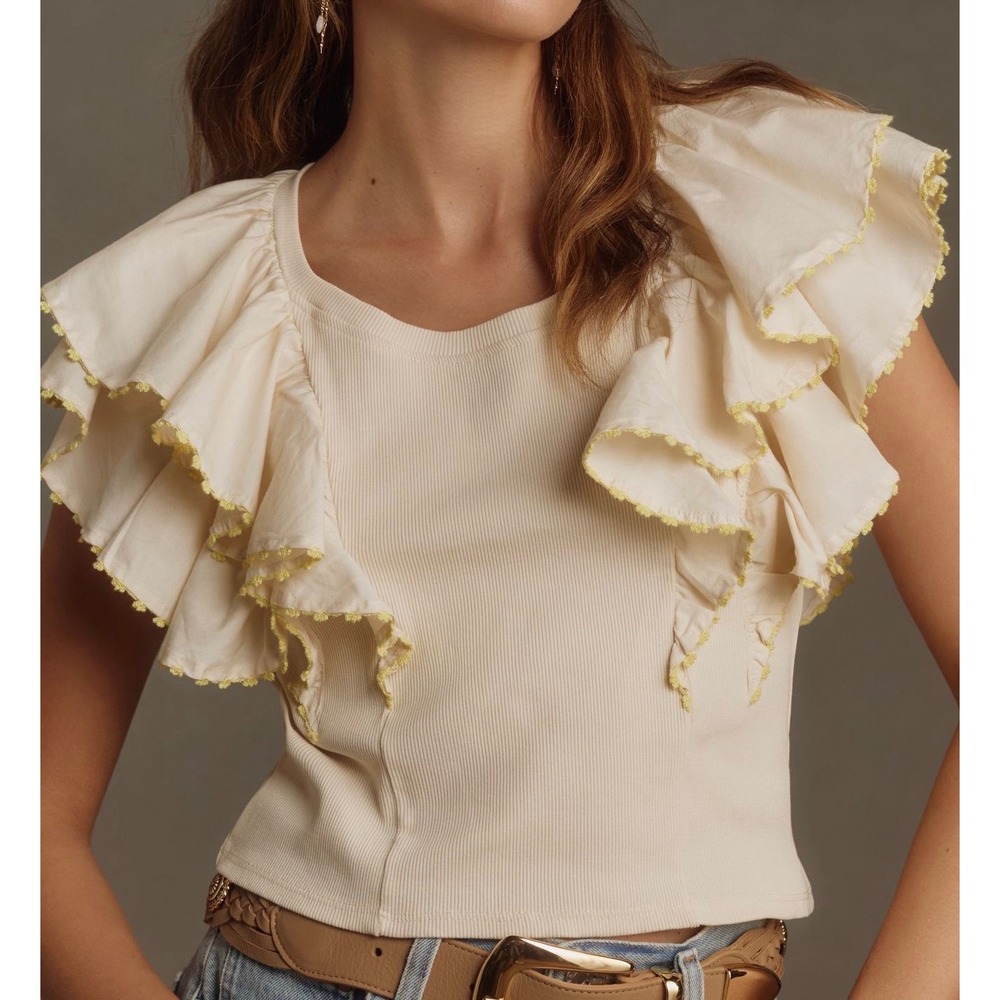 Anthropologie‎ XL Ruffle Sleeve Tank Cream Coquette Romantic Cottagecore Top